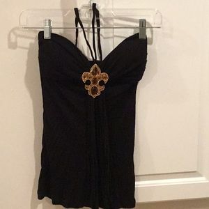 Black Halter top with brown jeweled pendant